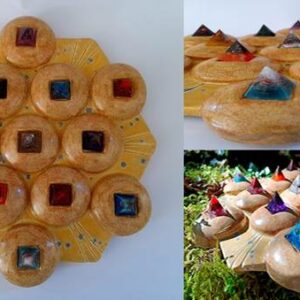 Metatron’s Cube Energy Device handcrafted by Robin Nicole Alger, featuring ceramic sacred geometry with colourful orgone crystal pyramids arranged in a geometric grid.