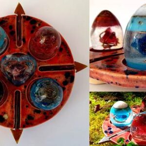 Dragon Power Energy Device handcrafted by Robin Nicole Alger, featuring colourful orgone dragon eggs arranged on a ceramic sacred geometry base.