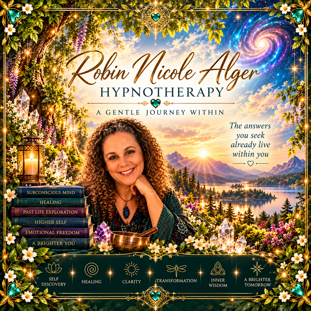 🌿 Personal Hypnosis Journey Robin Nicole Alger Hypnotherapy banner featuring Robin, crystals, books and a peaceful nature setting