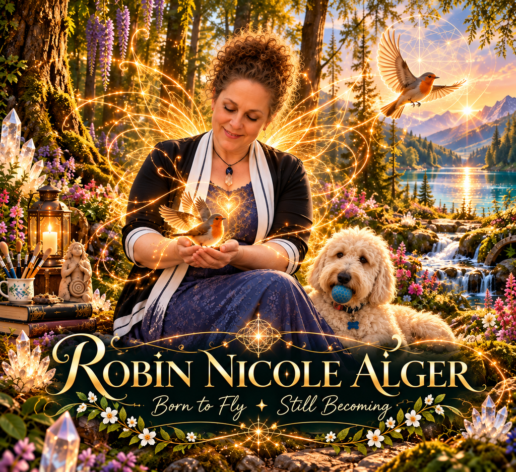 Robin Nicole Alger holding a robin surrounded by nature and golden light, representing her journey of healing, becoming and learning to fly