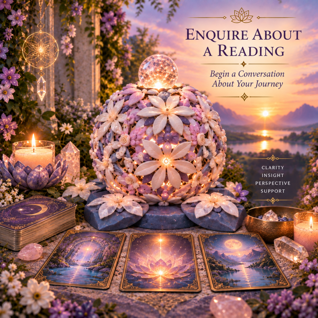 Personal Crystal & Oracle Card Readings Fire & Ice crystal sphere on Robin Nicole Alger’s handmade sacred geometric lamp with three oracle cards, representing a personal Crystal & Oracle Card Reading.