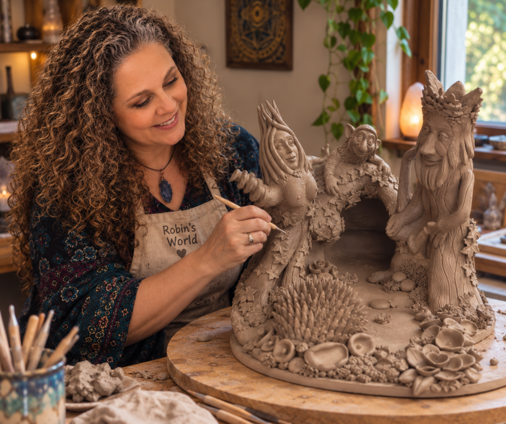 Robin's World — My Journey as an Artist & Sculptor Robin Nicole Alger creating her Hill of Tara Well sculpture in her pottery studio