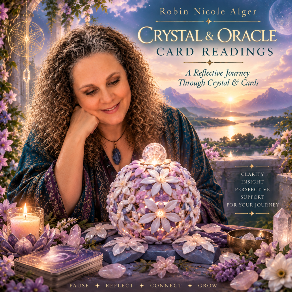 Personal Crystal & Oracle Card Readings Robin Nicole Alger crystal gazing with her Fire & Ice crystal sphere and handmade sacred geometric lamp for a personal Crystal & Oracle Card Reading