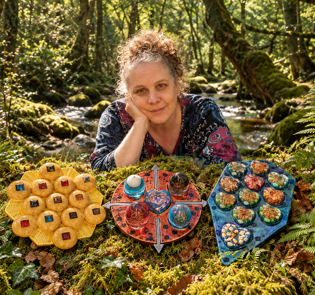 Robin's World — My Journey as an Artist & Sculptor Robin Nicole Alger with her three Sacred Geometric Orgone Energy Devices in the Irish woodland