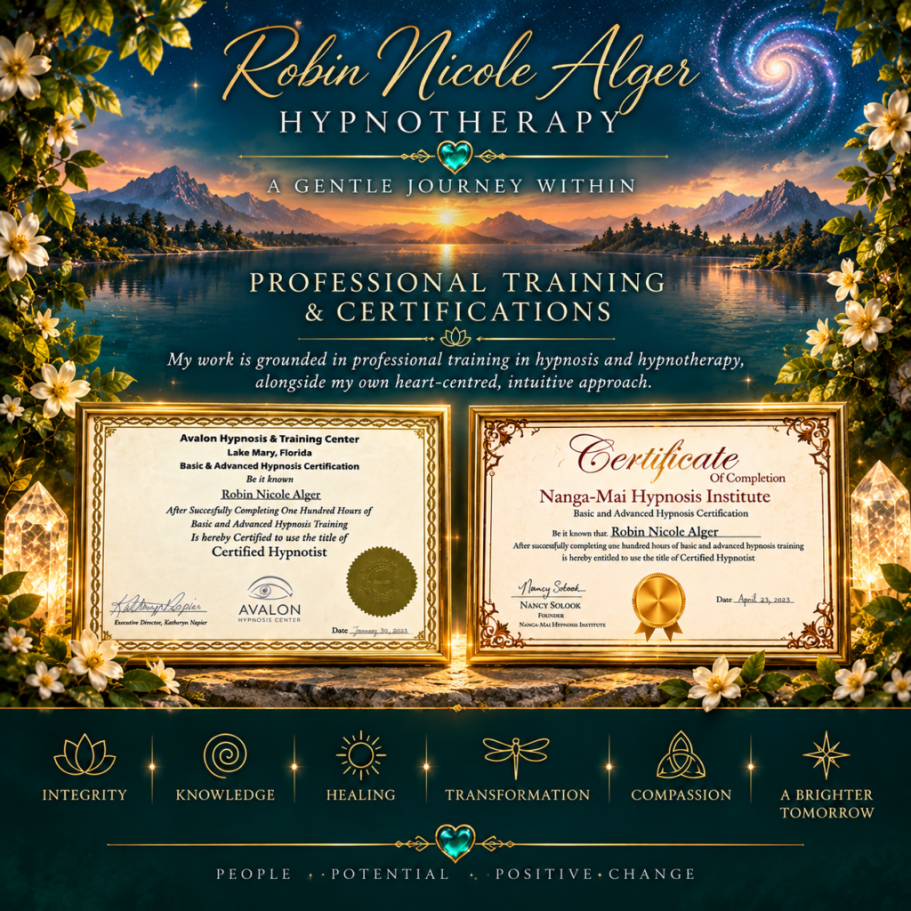🌿 Personal Hypnosis Journey Robin Nicole Alger professional hypnosis certifications from Avalon Hypnosis & Training Center and Nanga-Mai Hypnosis Institute