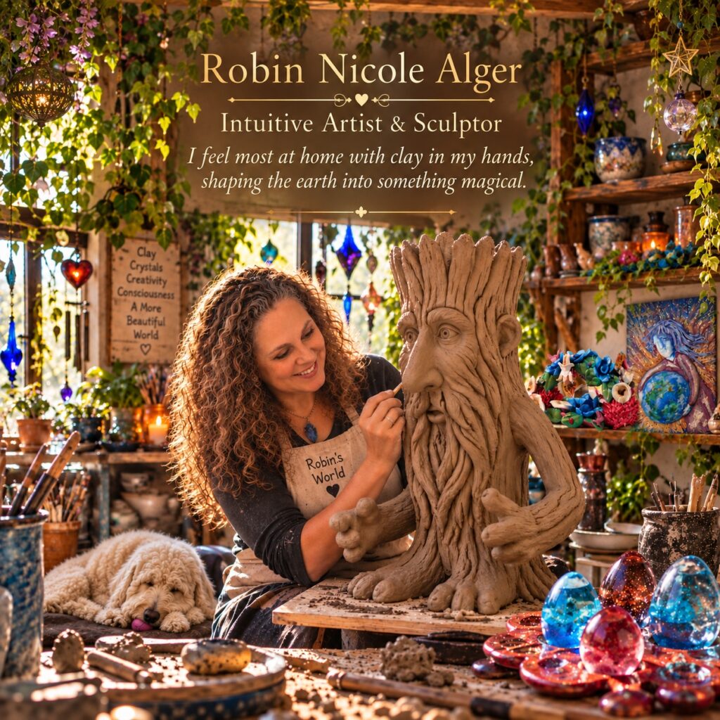 Robin's World — My Journey as an Artist & Sculptor Robin Nicole Alger sculpting a clay Tree Person in her pottery studio, surrounded by ceramic art, crystals and her Labradoodle Neo.